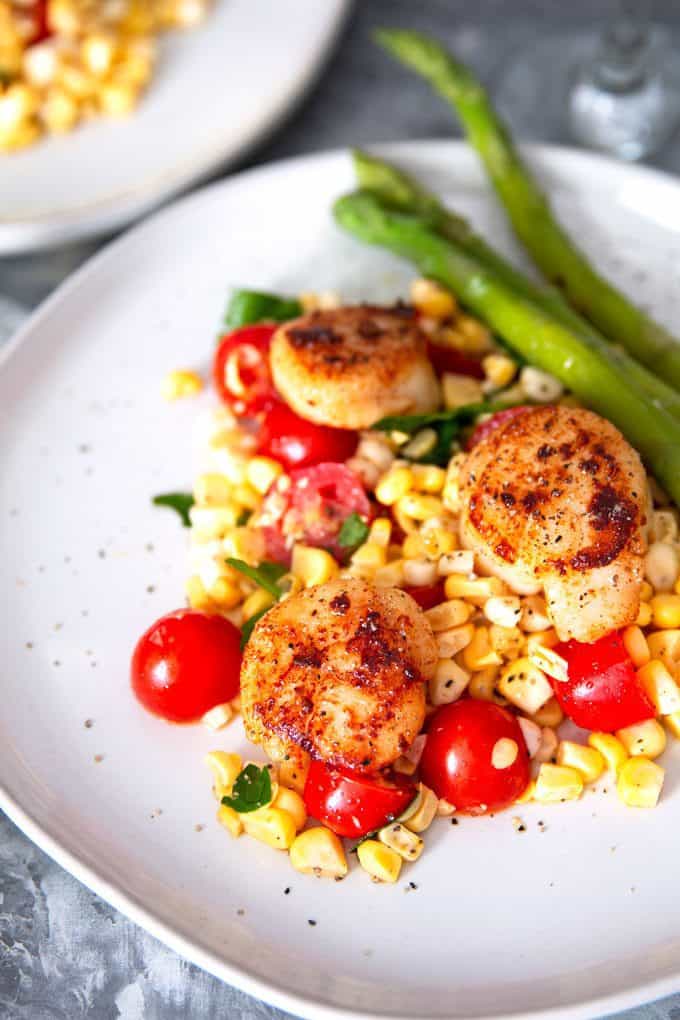 three scallops over corn tomato relish