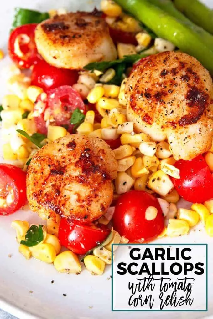 seared garlic scallops with tomato corn relish Pinterest image