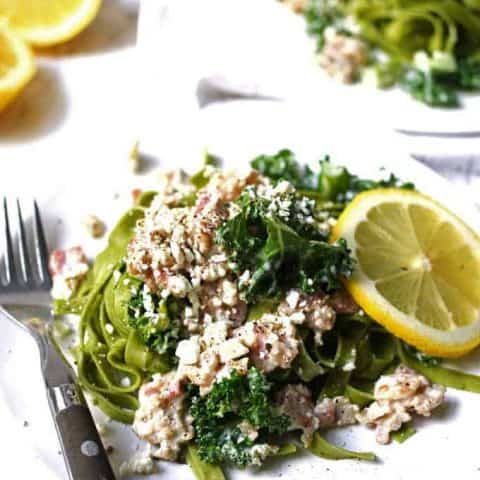Carbonara-Inspired Greek Kale Pasta