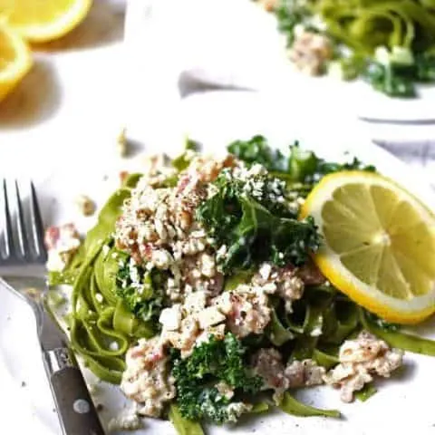 Carbonara-Inspired Greek Kale Pasta