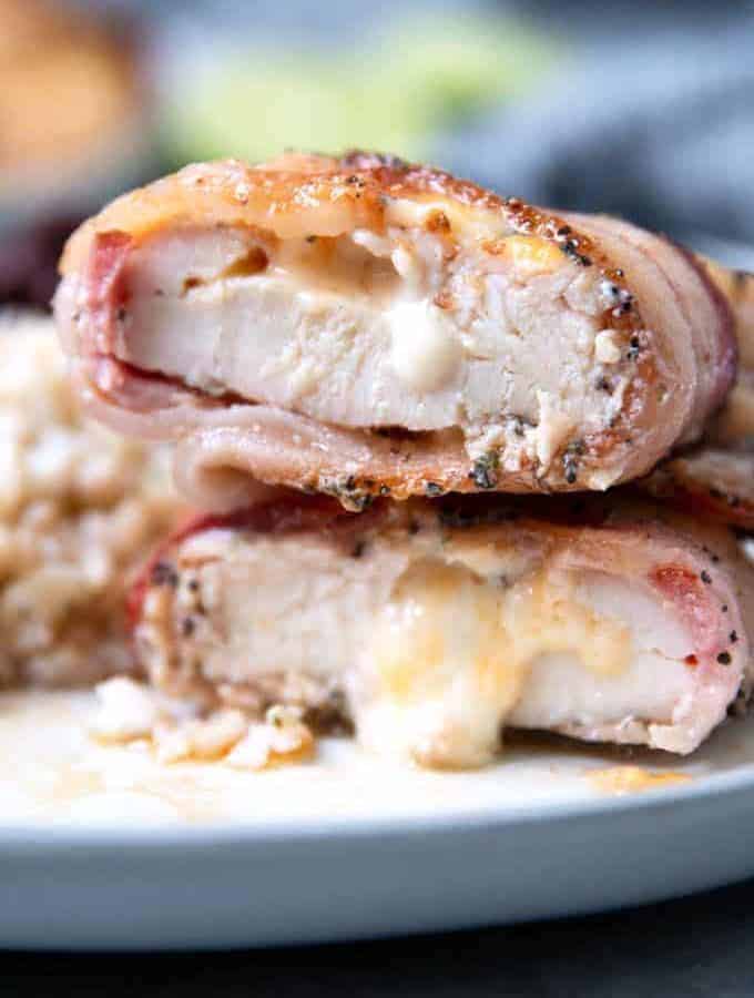 cilantro lime chicken breast stuffed with cheese and wrapped in bacon