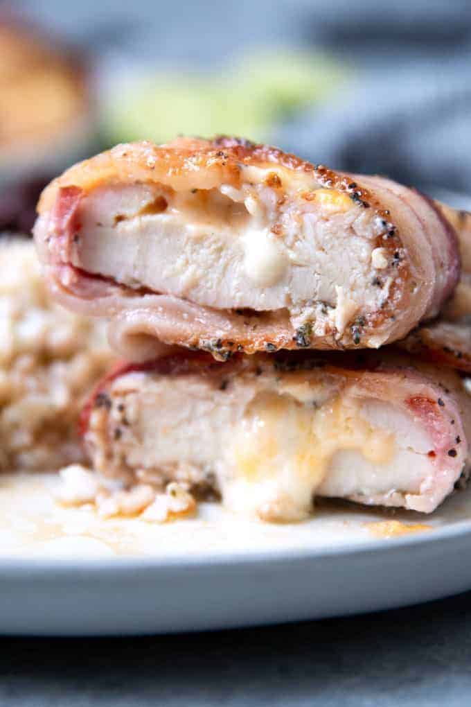 cilantro lime chicken breast stuffed with cheese and wrapped in bacon