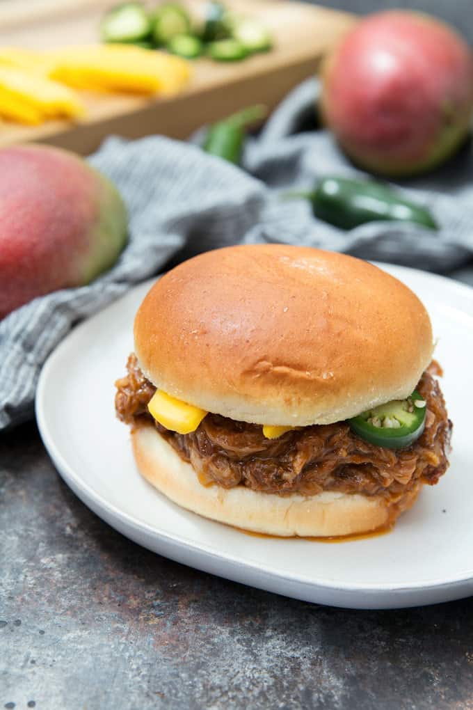 closeup photo of mango pulled pork sandwich