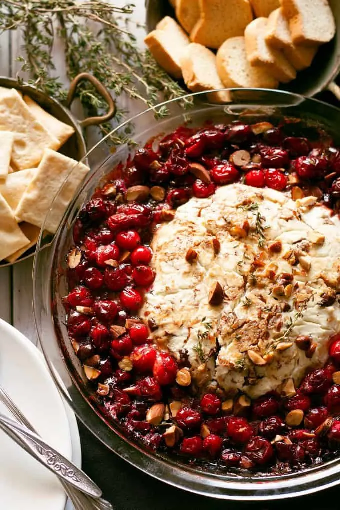 baked goat cheese and roasted cranberry appetizer overhead photo