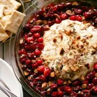 baked goat cheese and roasted cranberry appetizer overhead photo