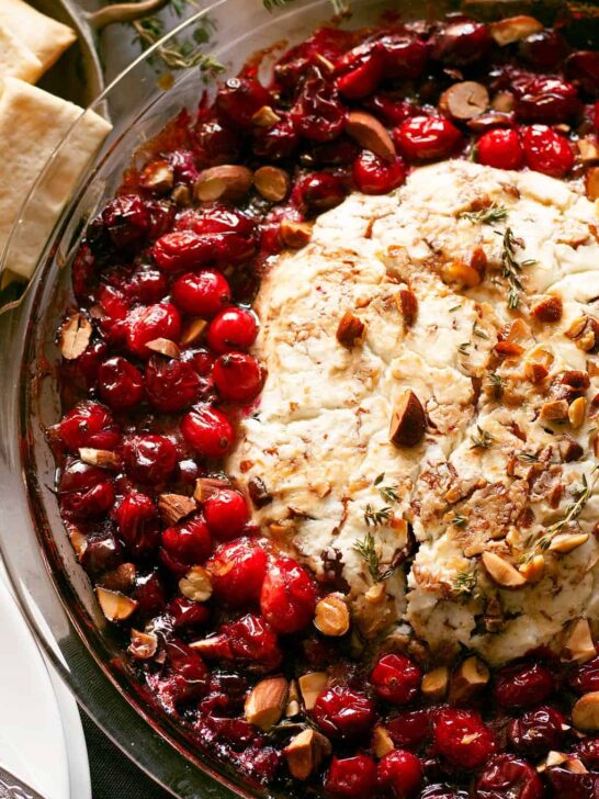 baked goat cheese and roasted cranberry appetizer overhead photo