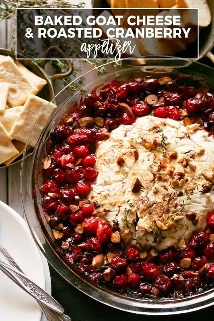 Pinterest image for baked goat cheese roasted cranberry appetizer