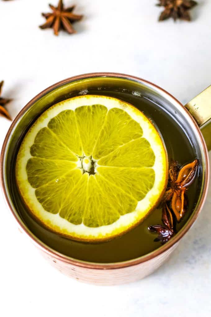 one copper mug with ginger citrus punch