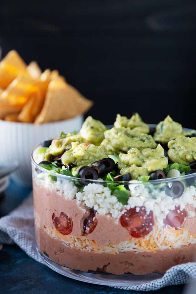 7 layer bean dip with tortilla chips