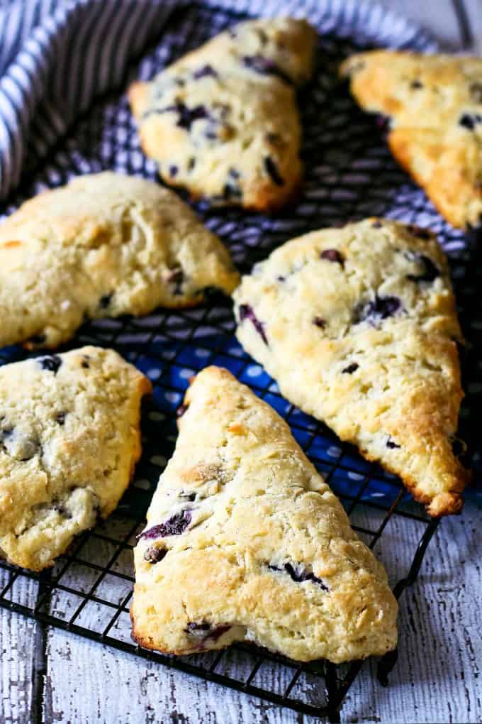 baking rack with multiple blueberry chocolate chip scones.