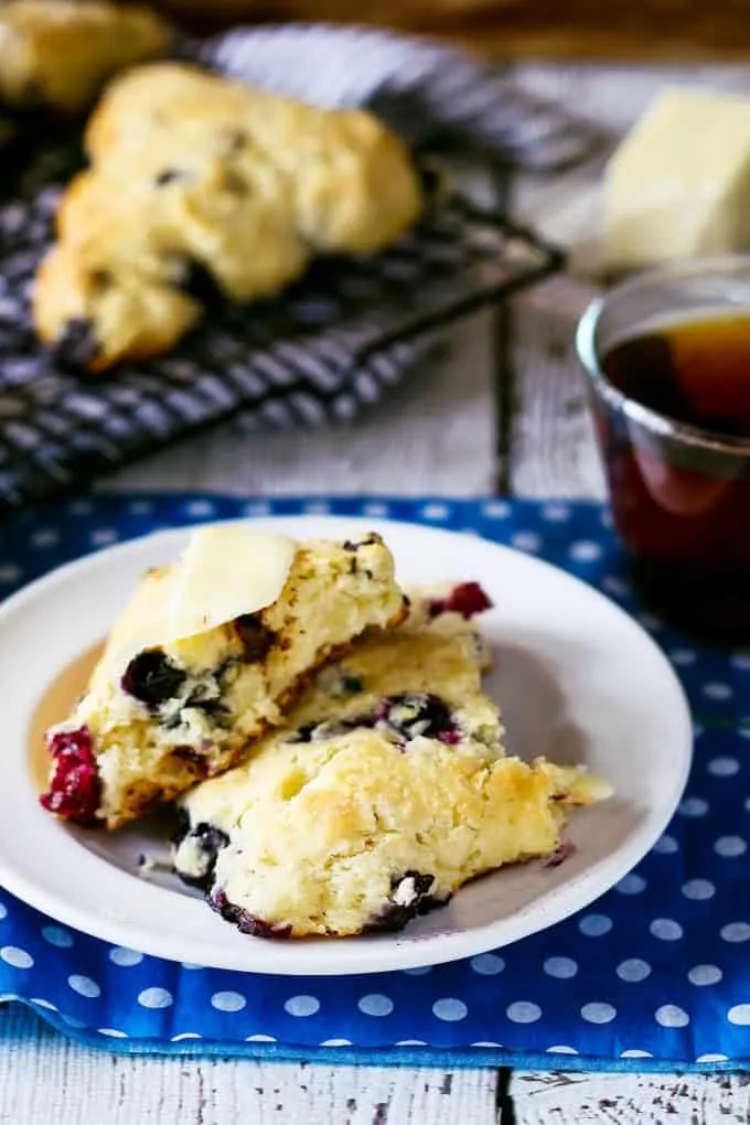 blueberry chocolate chip scone cracked in half