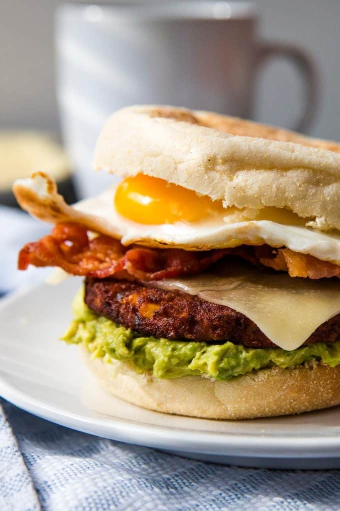 breakfast black bean burger on a white plate