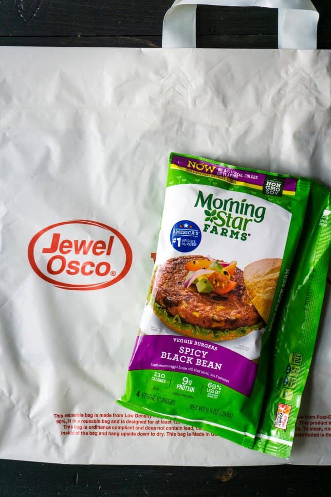 morning star breakfast burgers and a Jewel Osco bag