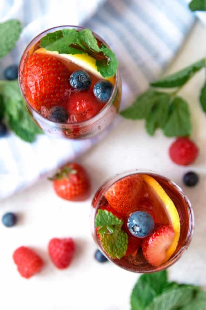 two glasses of berry rosé sangria from above