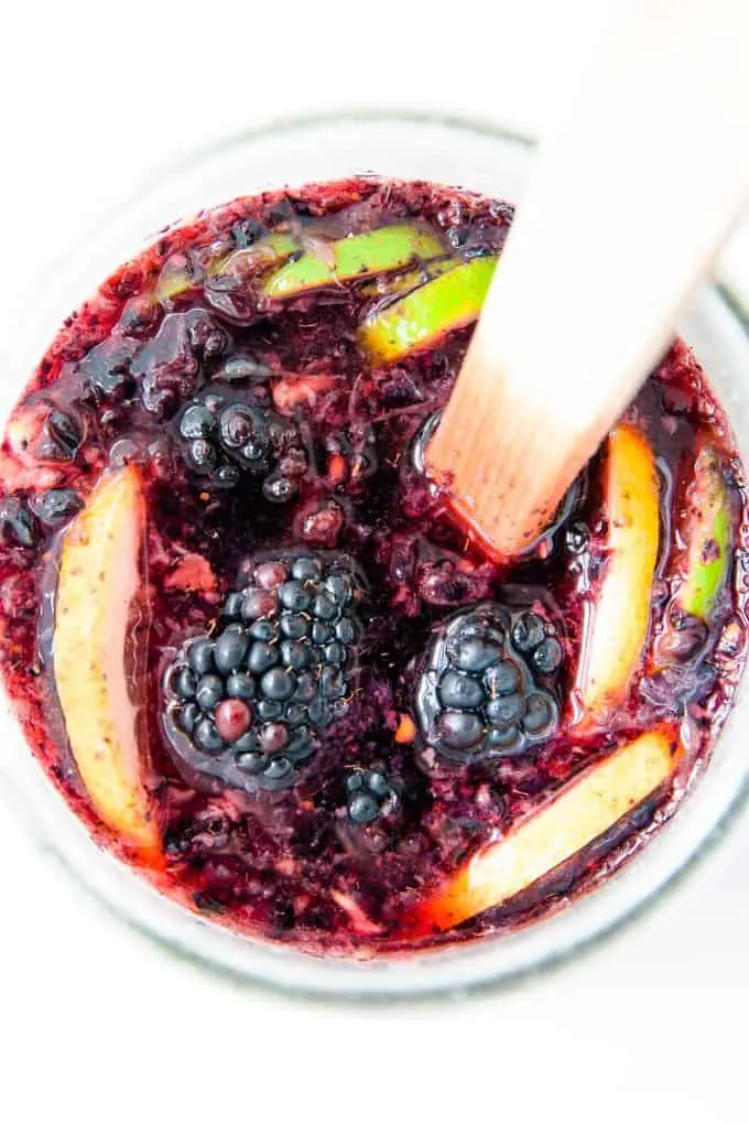 overhead view of pitcher of blackberry sangria