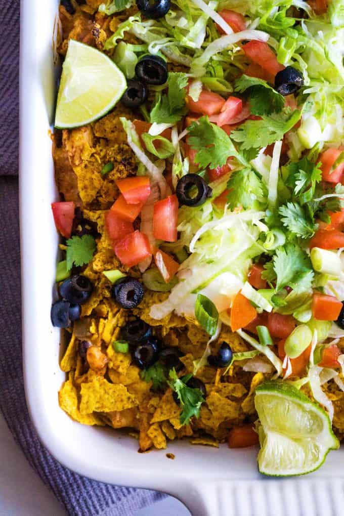 overhead photo of chicken taco casserole