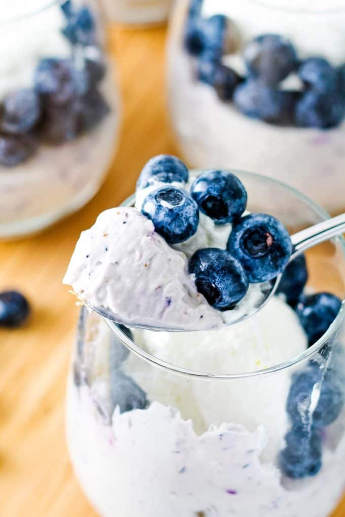 no bake blueberry cheesecake on a spoon