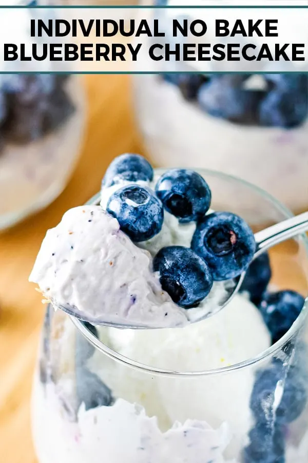 individual no bake blueberry cheesecakes on a spoon pinterest image