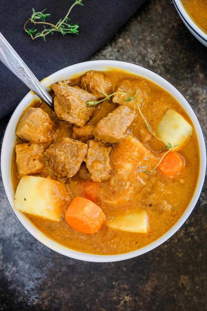 overhead photo of beef pumpkin stew