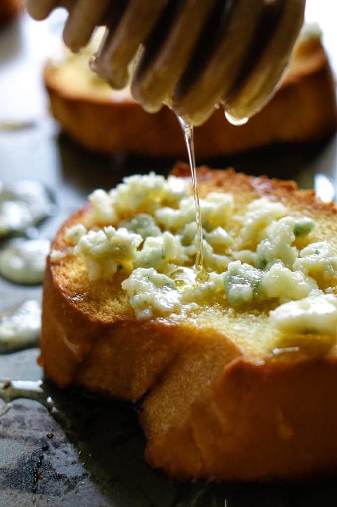 close up of honey on a crostini