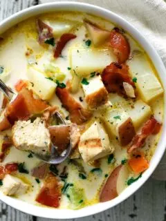 white bowl filled with chicken potato chowder