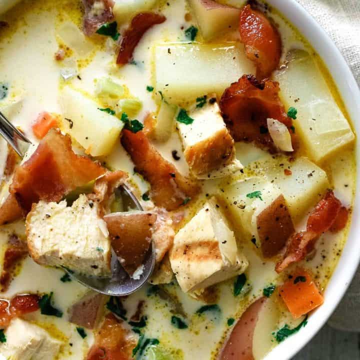white bowl filled with chicken potato chowder