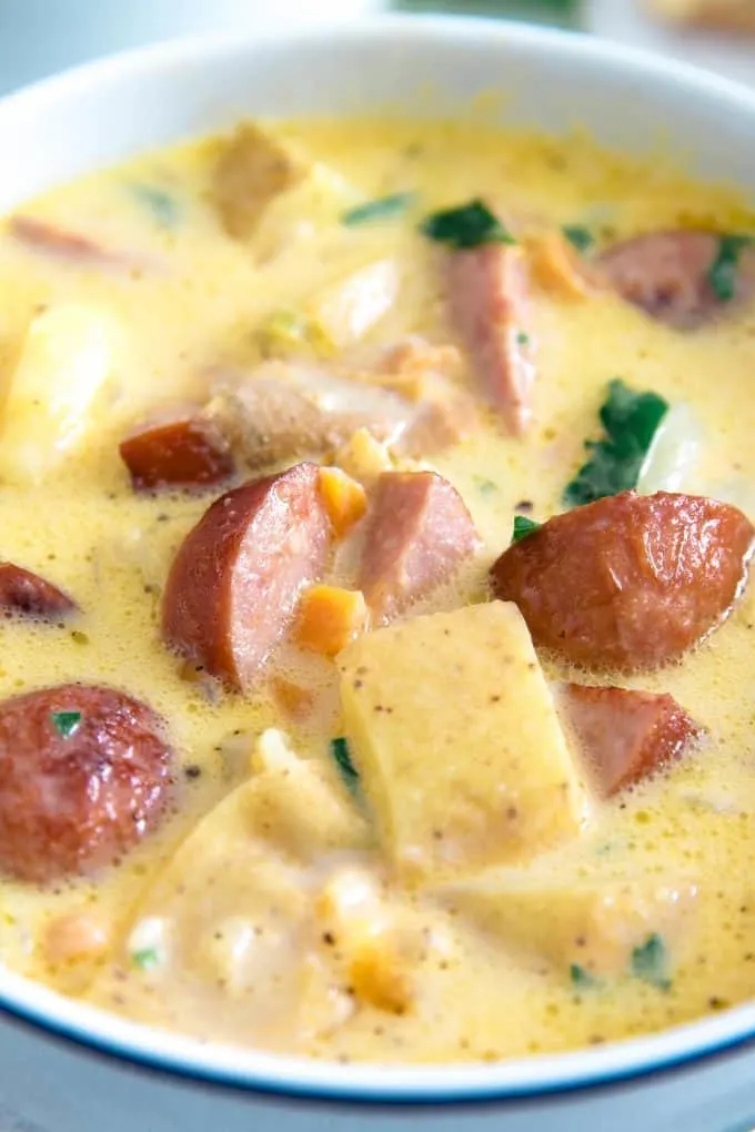 up close photo of potato kielbasa soup