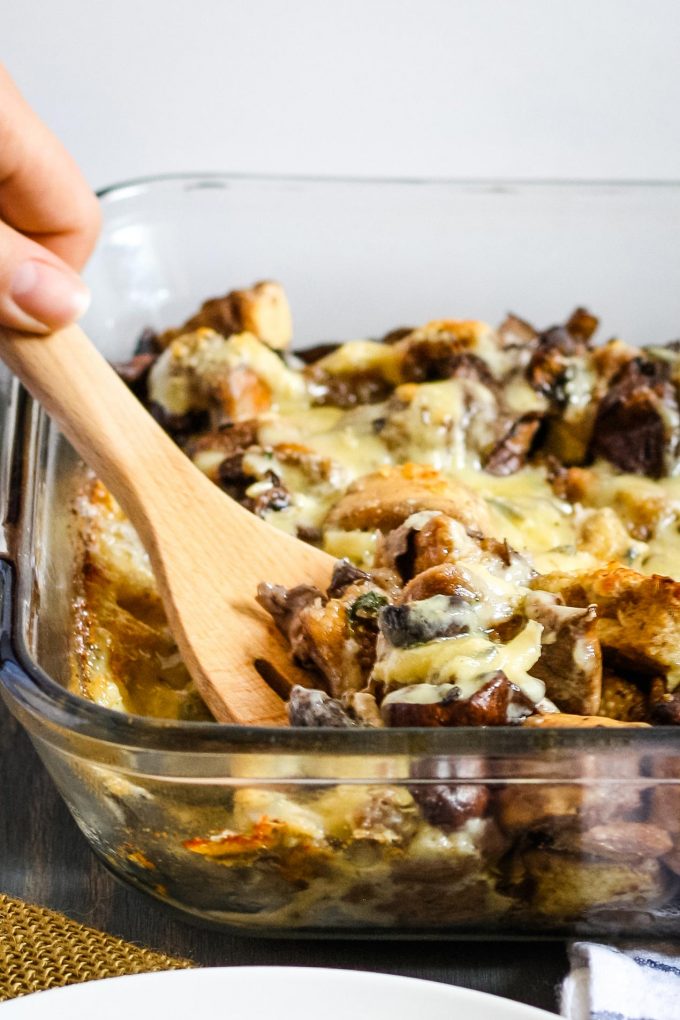 mushroom casserole in a Clear casserole dish