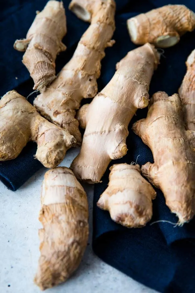 fresh ginger on a blue napkin