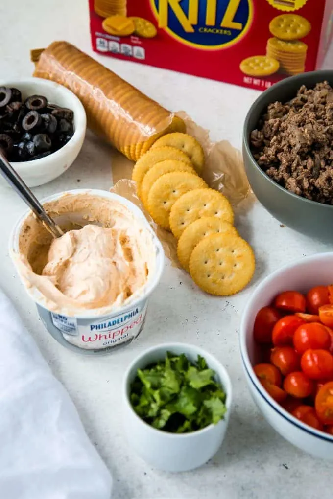 all of the ingredients for taco bites appetizer using RITZ crackers