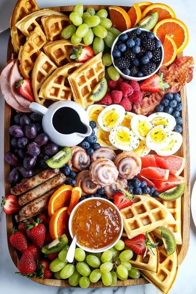 closeup overhead photo of Mother's Day charcuterie brunch board