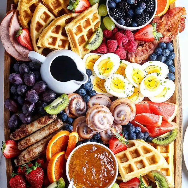 closeup overhead photo of Mother's Day charcuterie brunch board