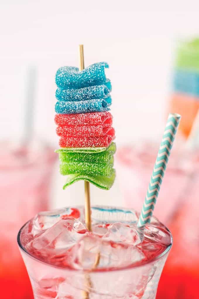 upclose image of a red blue and green gummy candy kabob
