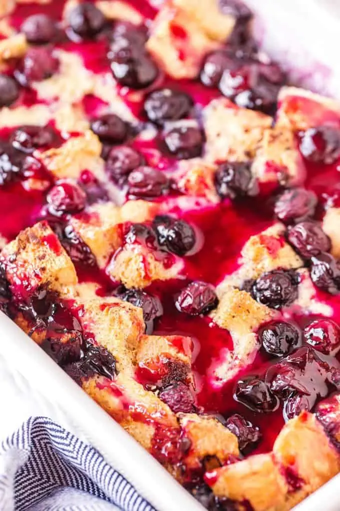 baked French toast casserole with blueberry syrup