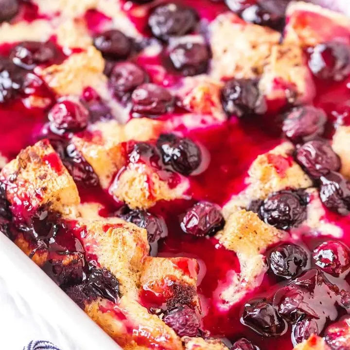 baked French toast casserole with blueberry syrup