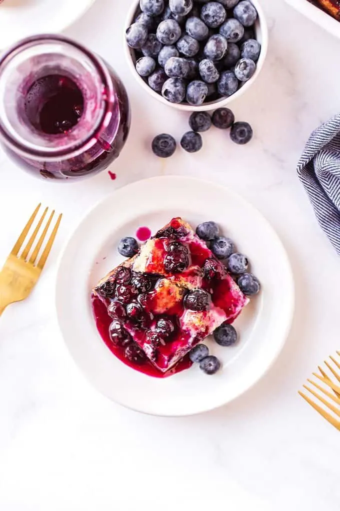 overhead photo of blueberry French toast casserole piece