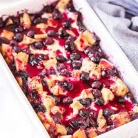 blueberry French toast casserole in a white pan