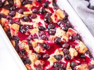 blueberry French toast casserole in a white pan