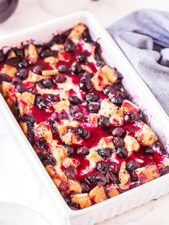 blueberry French toast casserole in a white pan