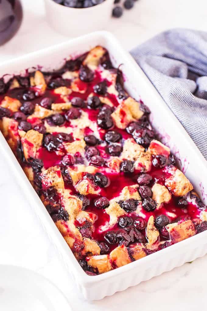 blueberry French toast casserole in a white pan