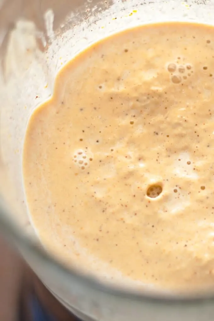 the pumpkin pie milkshake has been blended, it is in the blender and you can see the bubbles and the spices