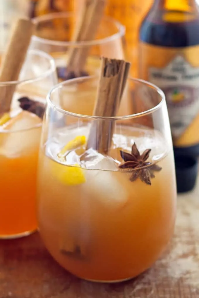 close up of autumn cocktail in a wine glass. the drink is a vibrant orange color, with star anise and lemons inside. a cinnamon stick is also in the glass