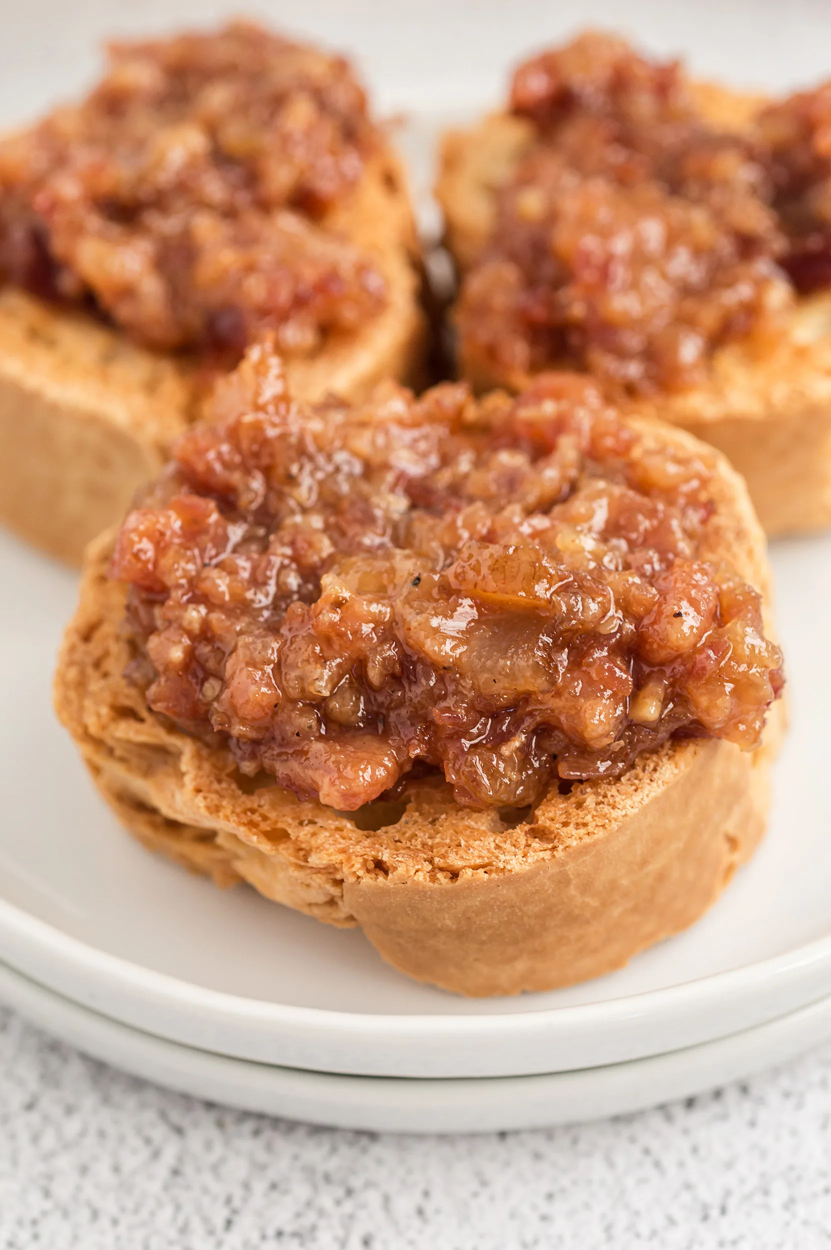 closeup of bacon jam crostini