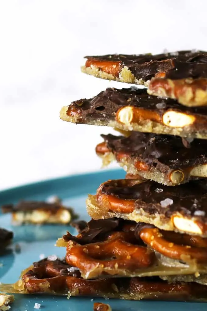 another close up photo of the bark. the caramel is visible and though solid, appears to be dripping from the pretzel bark