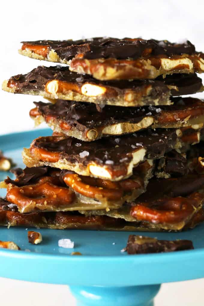 close up of the pretzel bark. visible broken pretzels, extremely course salt, and solid chocolate