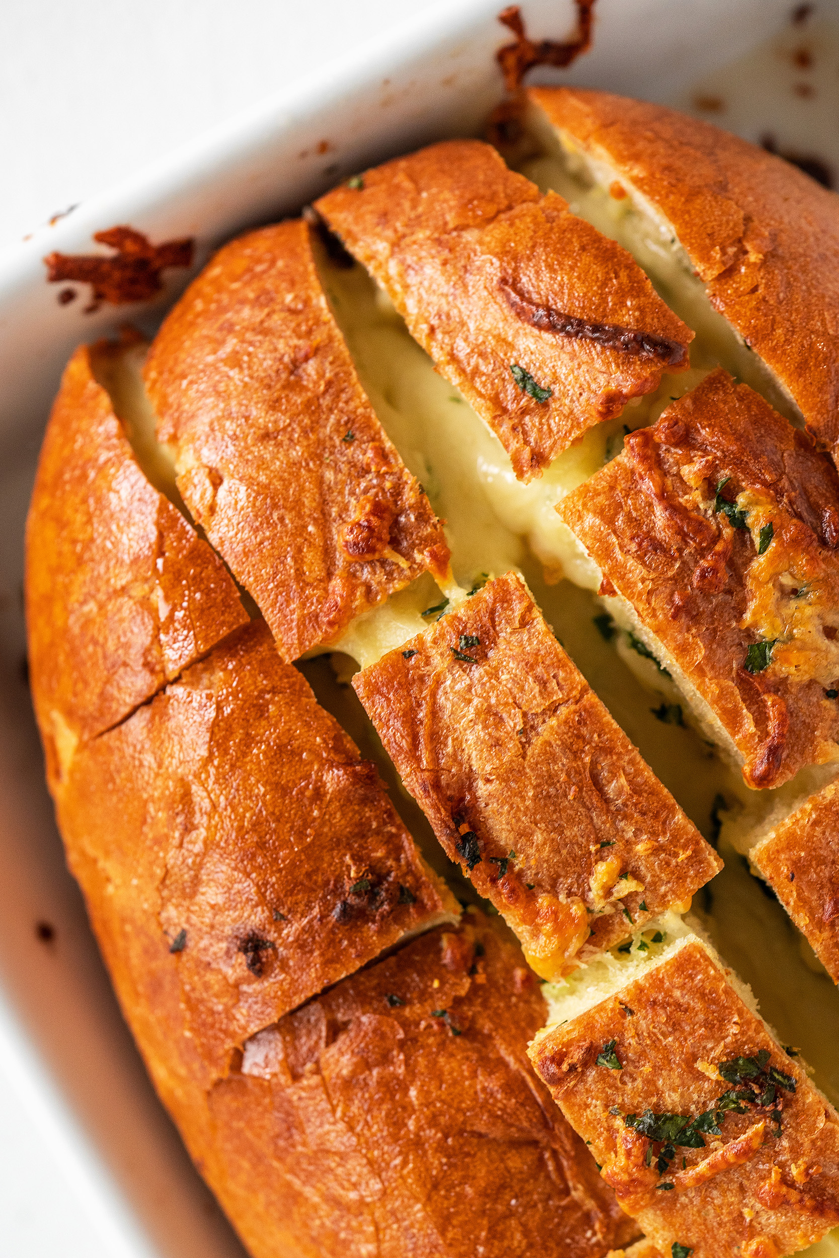 cheese garlic pull apart bread, golden brown and fresh out of the oven