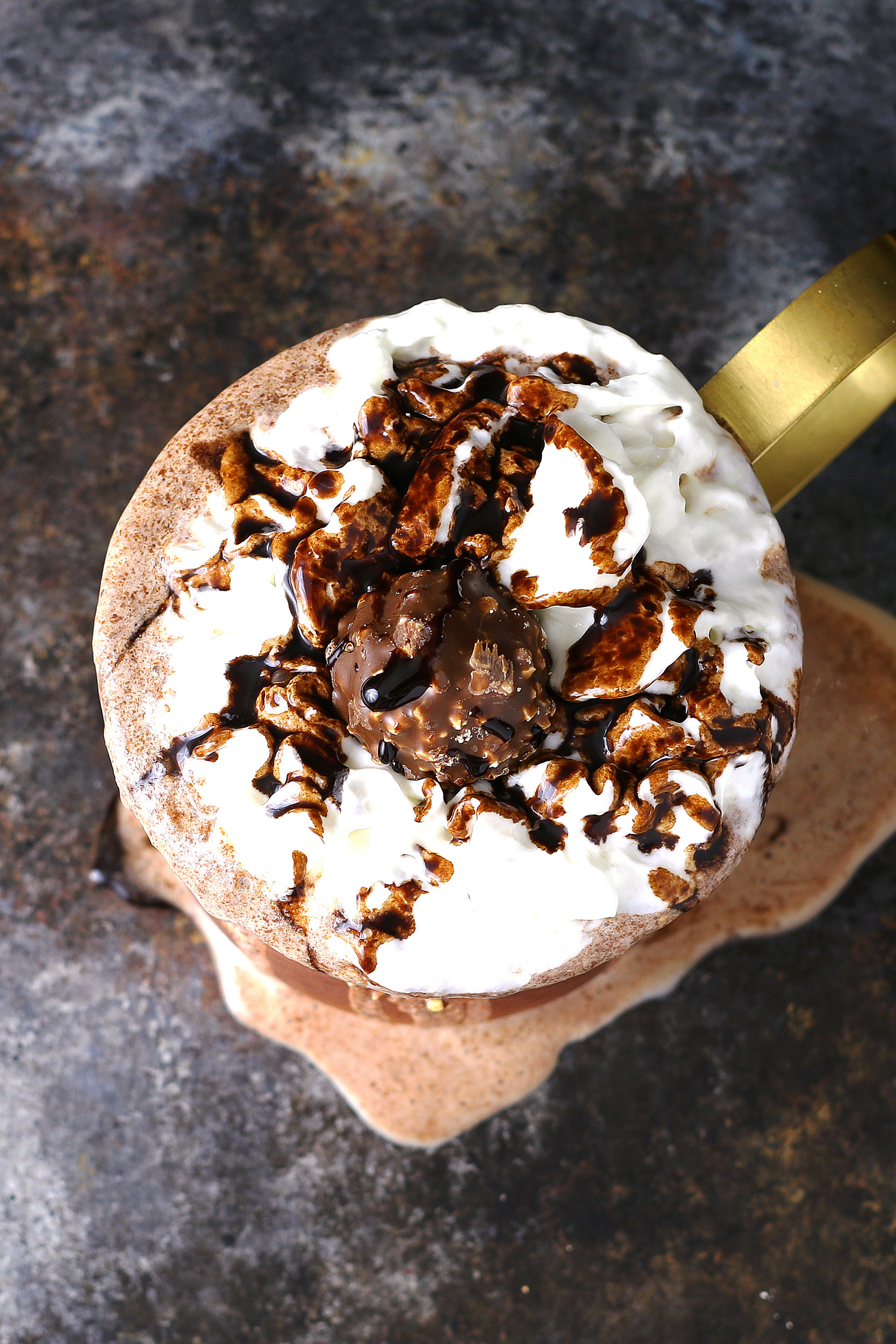 overhead picture of Ferrero rocher Nutella milkshake garnishes