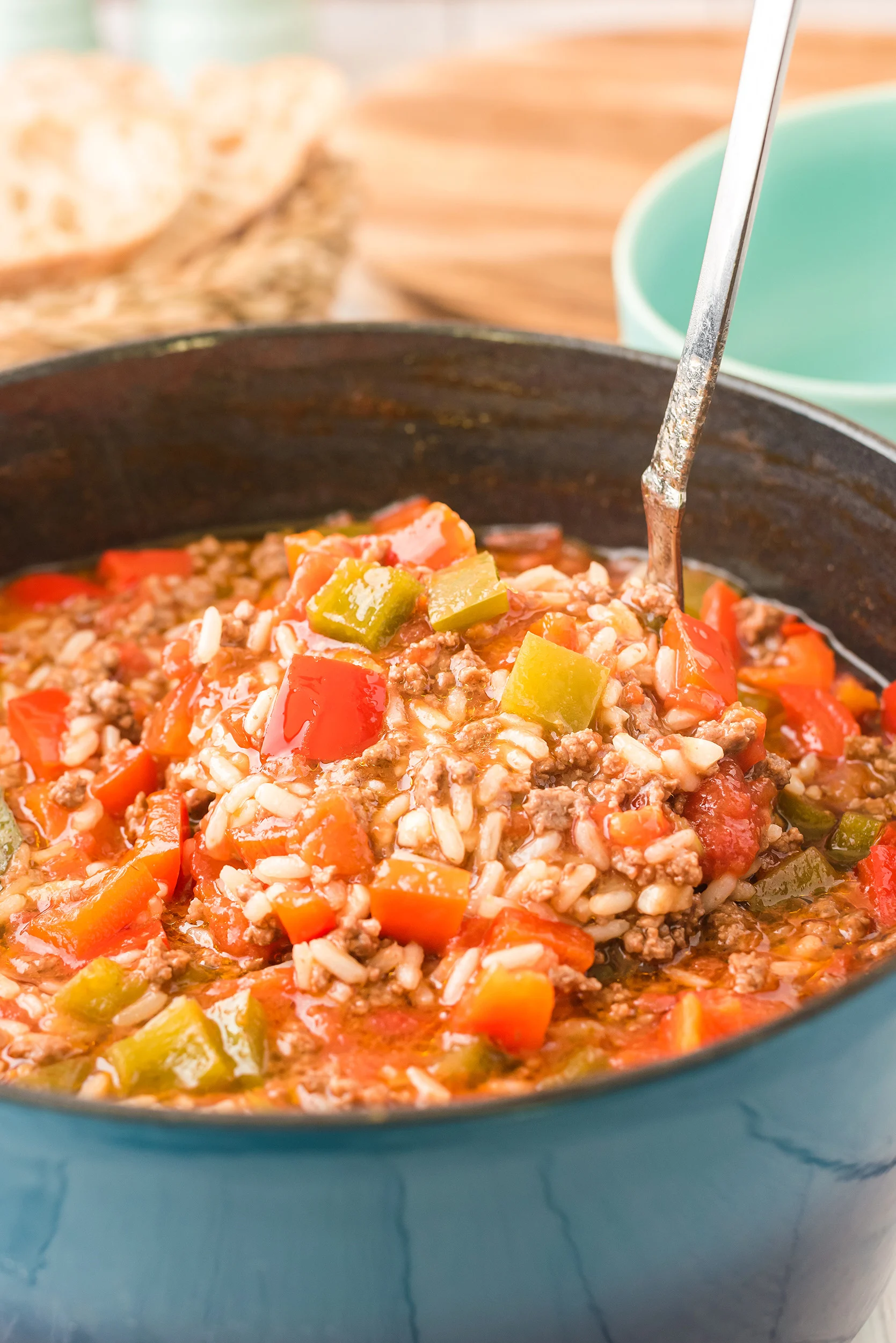 soup ladle full of stuffed pepper soup