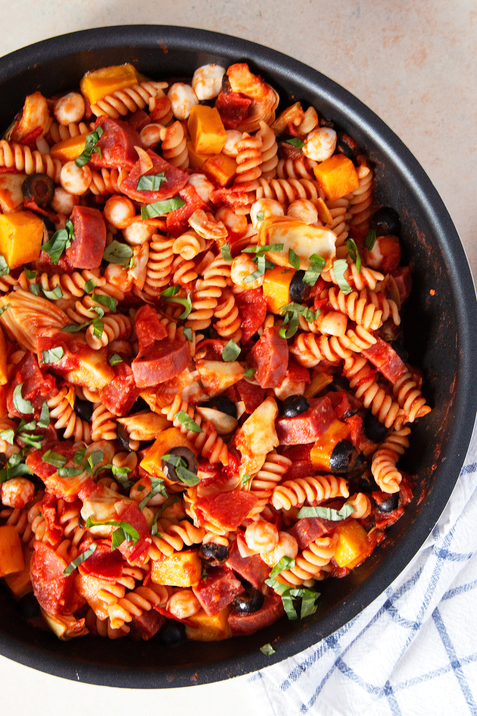 overhead picture of antipasto pasta skillet that is done cooking