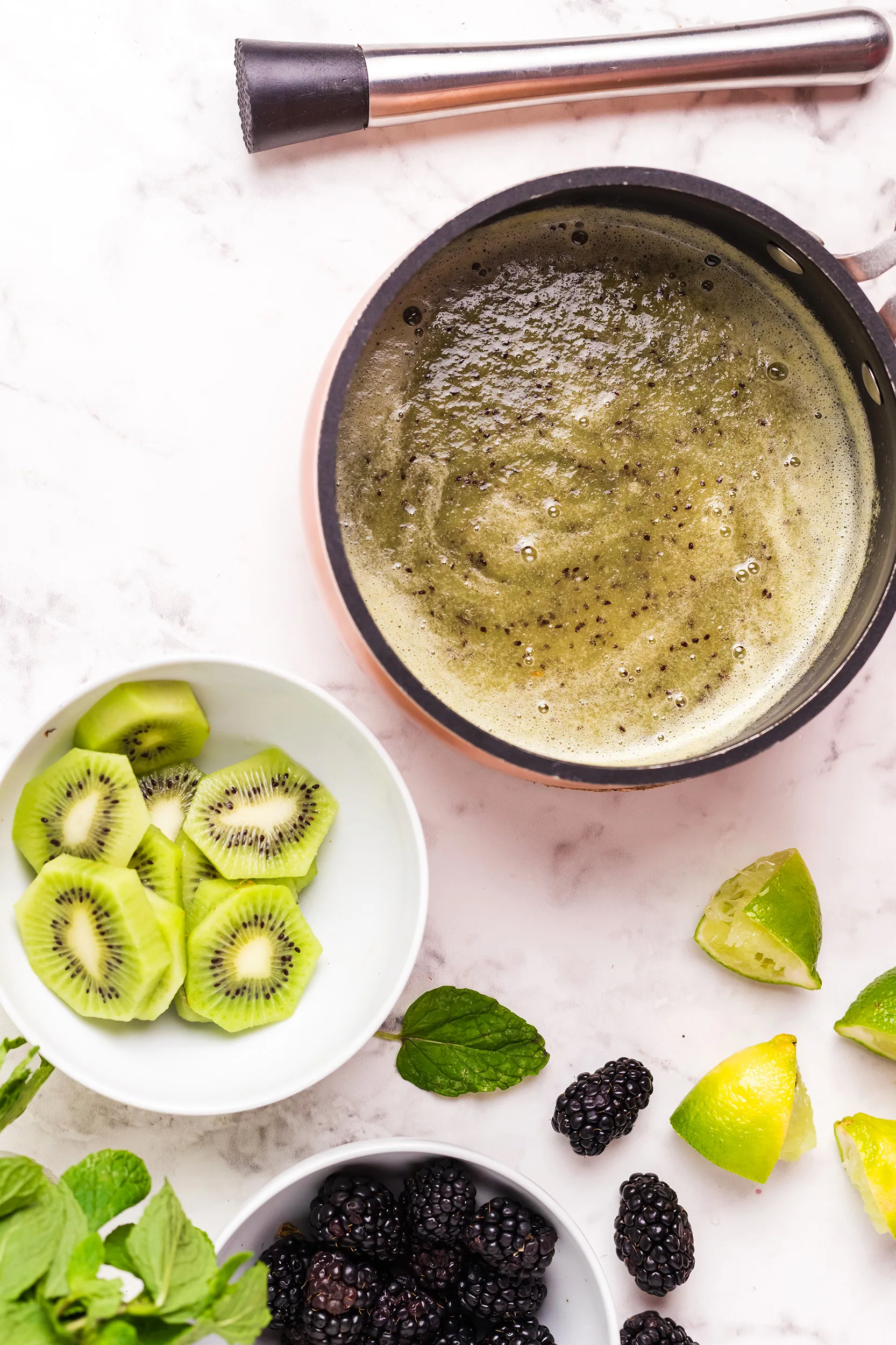 kiwi puree with sugar and water to make kiwi simple syrup